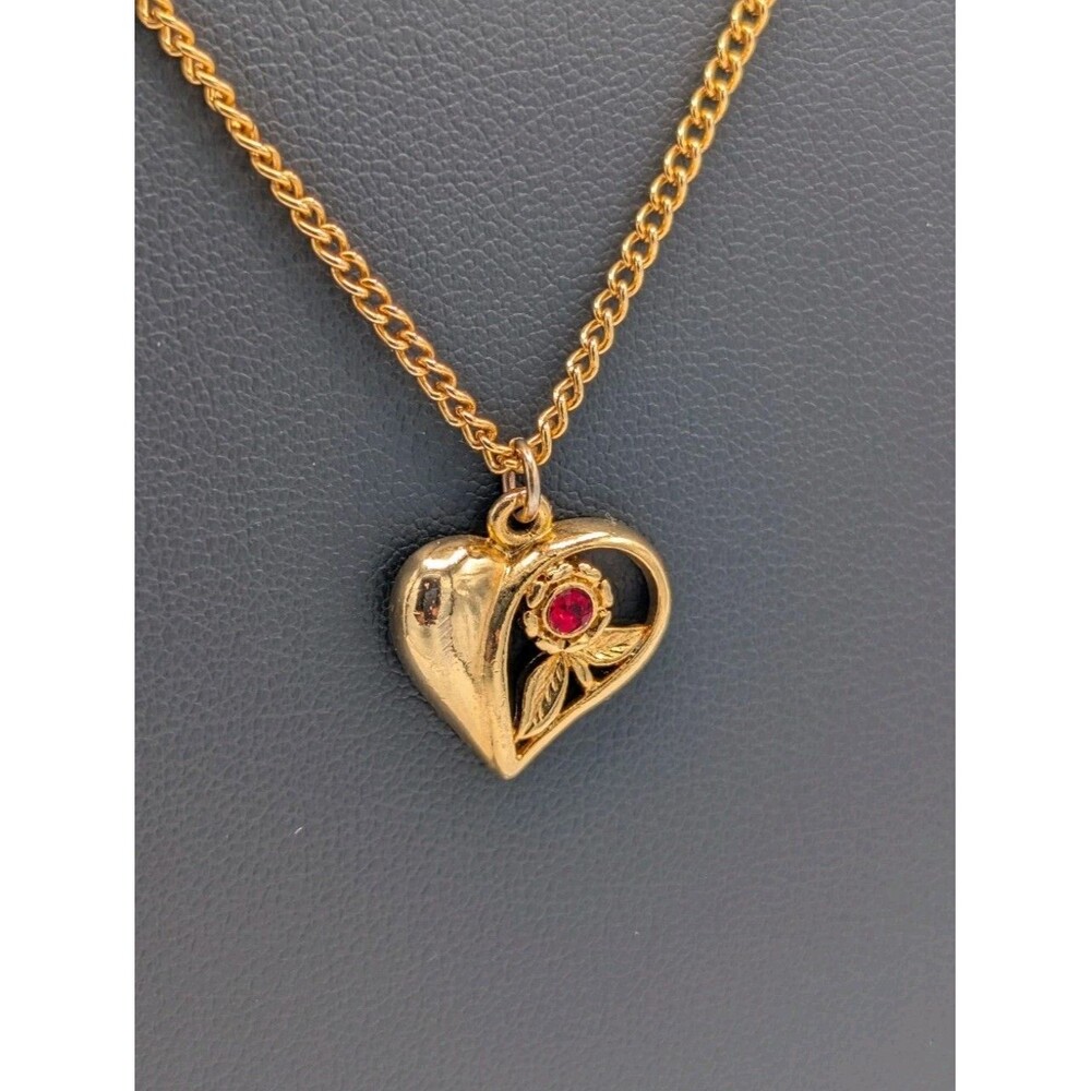 Vintage 90s Necklace Heart Flower Gold Tone Red Rhinestone Pendant Dainty Retro